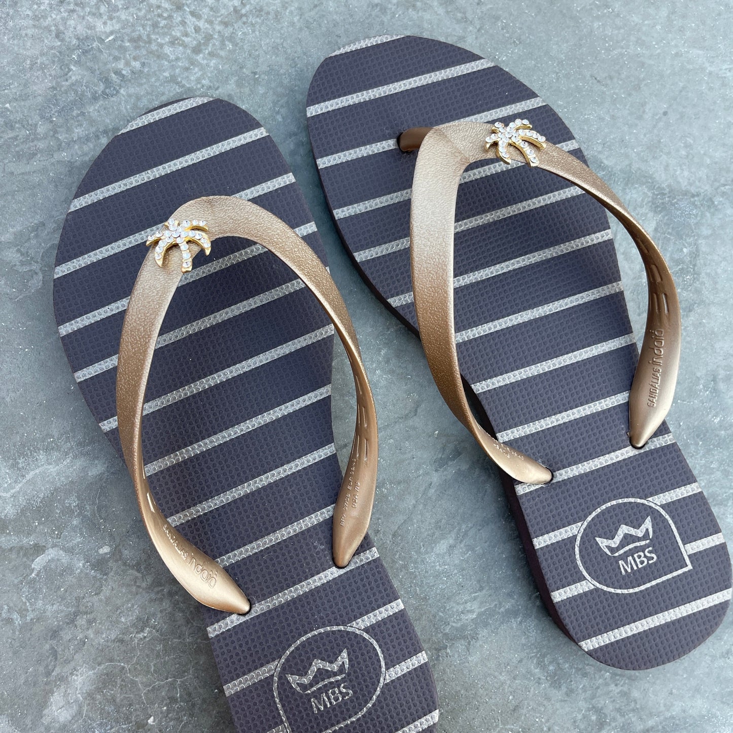 Natural Rubber Flip Flops Brown Gold Palm Tree