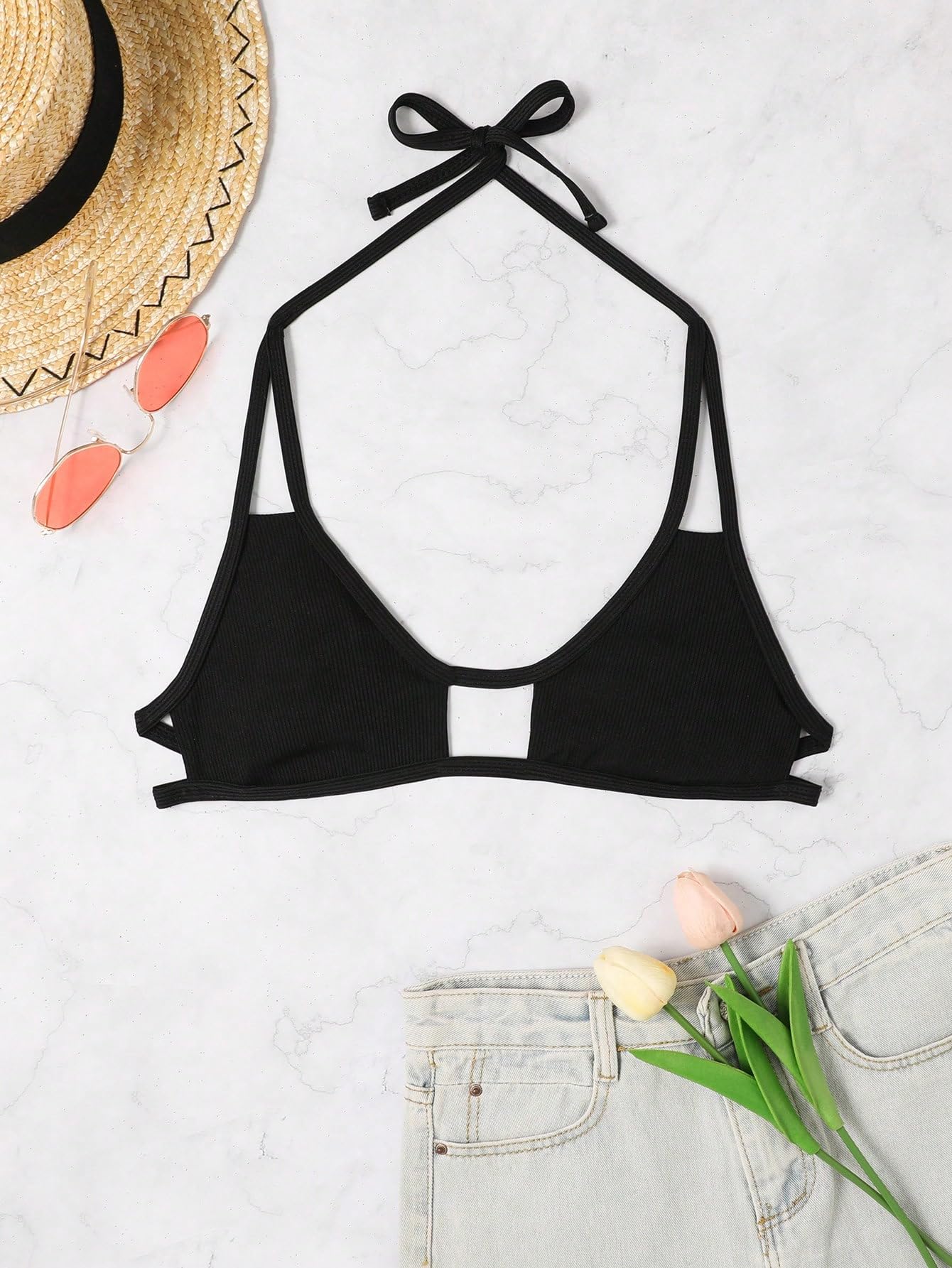 Verdusa Women's Cut Out Tie Knot Halter Swimwear Triangle Bikini Top