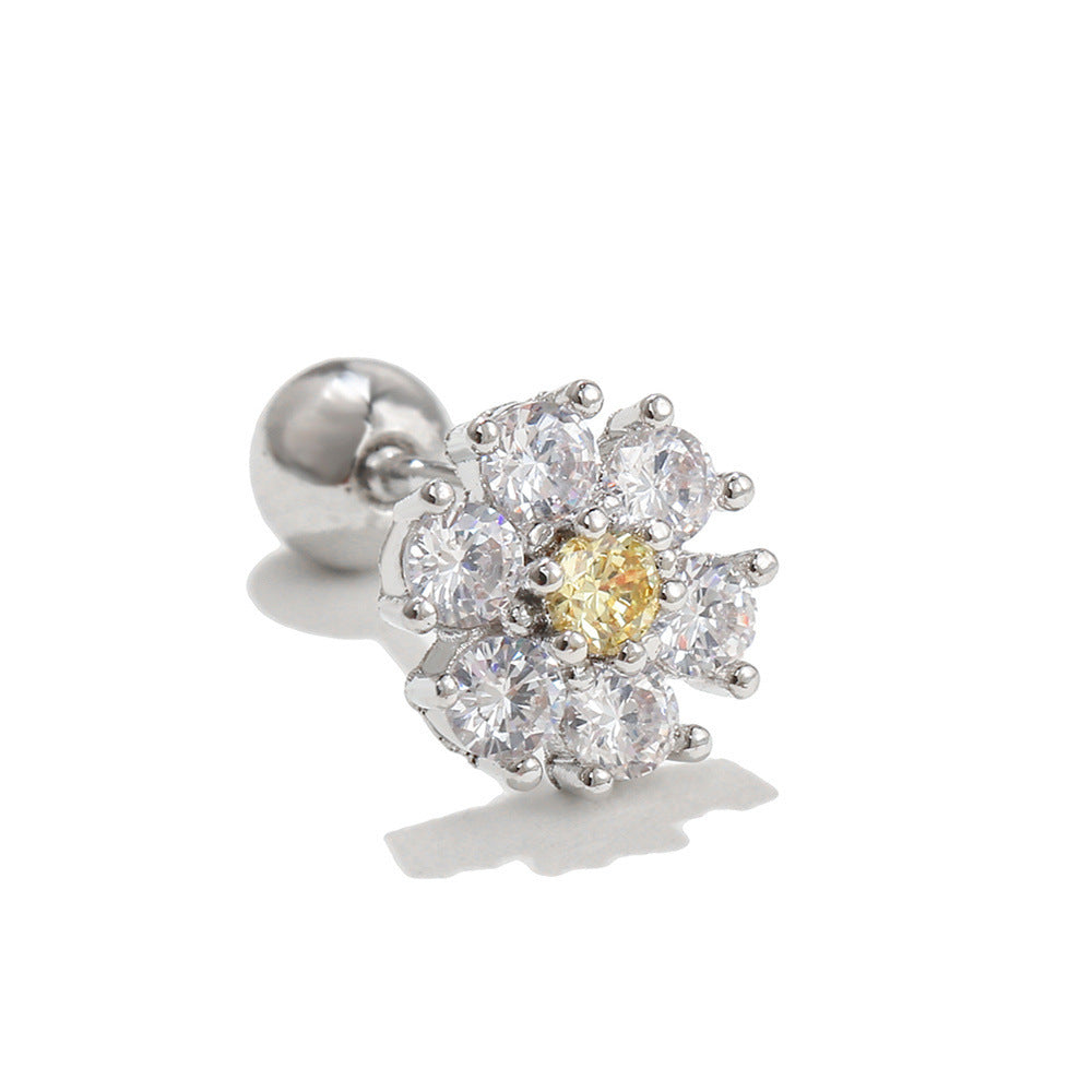 Pastoral Style Retro Two-tone Flower Ear Bone Stud 18K Gold Colorfast Small Earrings
