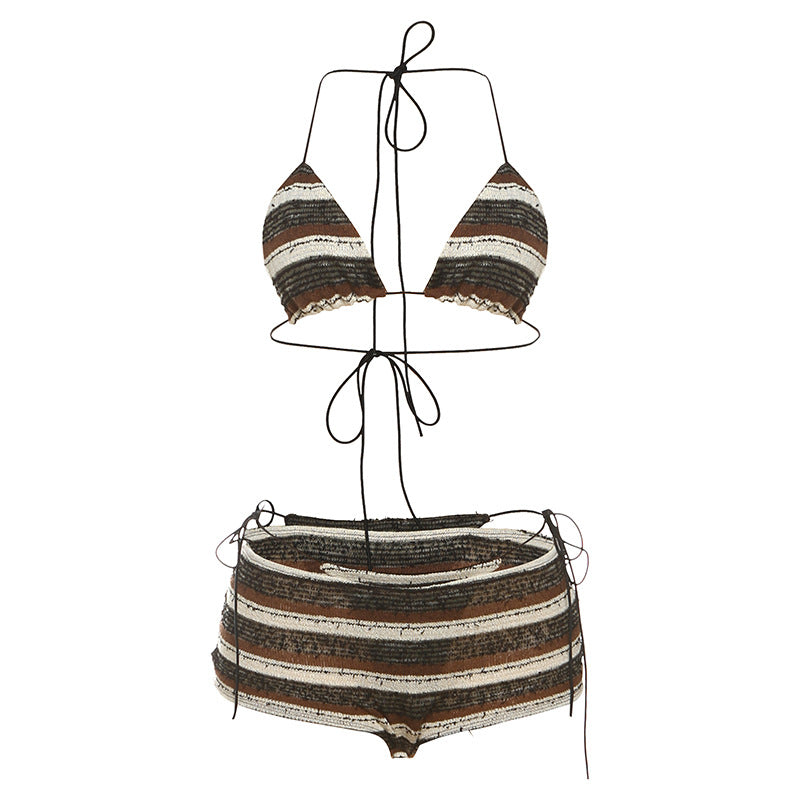 Women's Fashion Sexy Halter Lace-up Striped Bikini Three-piece Suit