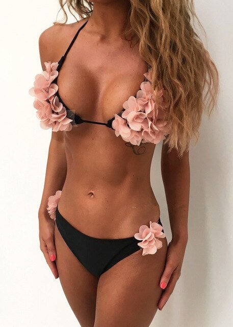 Bikinis Set Low Waist Petal Floral High Leg Bandeau Thong